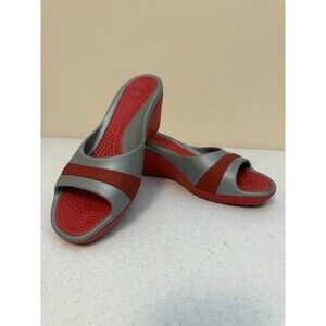 Crocs Sassari Wedge Sandals Womens 10 Red Silver Slip On Casual Pool Shoe